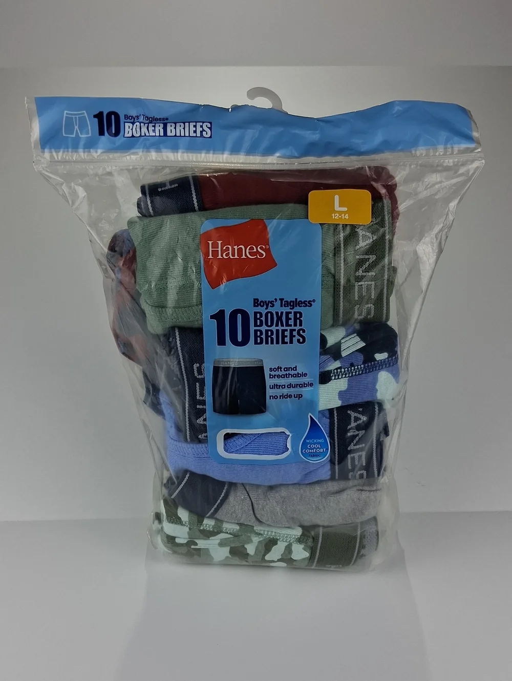 Boys Hanes 10 Pack Boxer Briefs Size Large (12-14) Solid And Camo Prints NWT